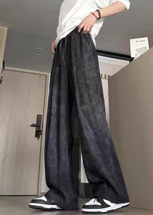 Elastic Men Dye Cotton Waist Black Summer Pants Tie New