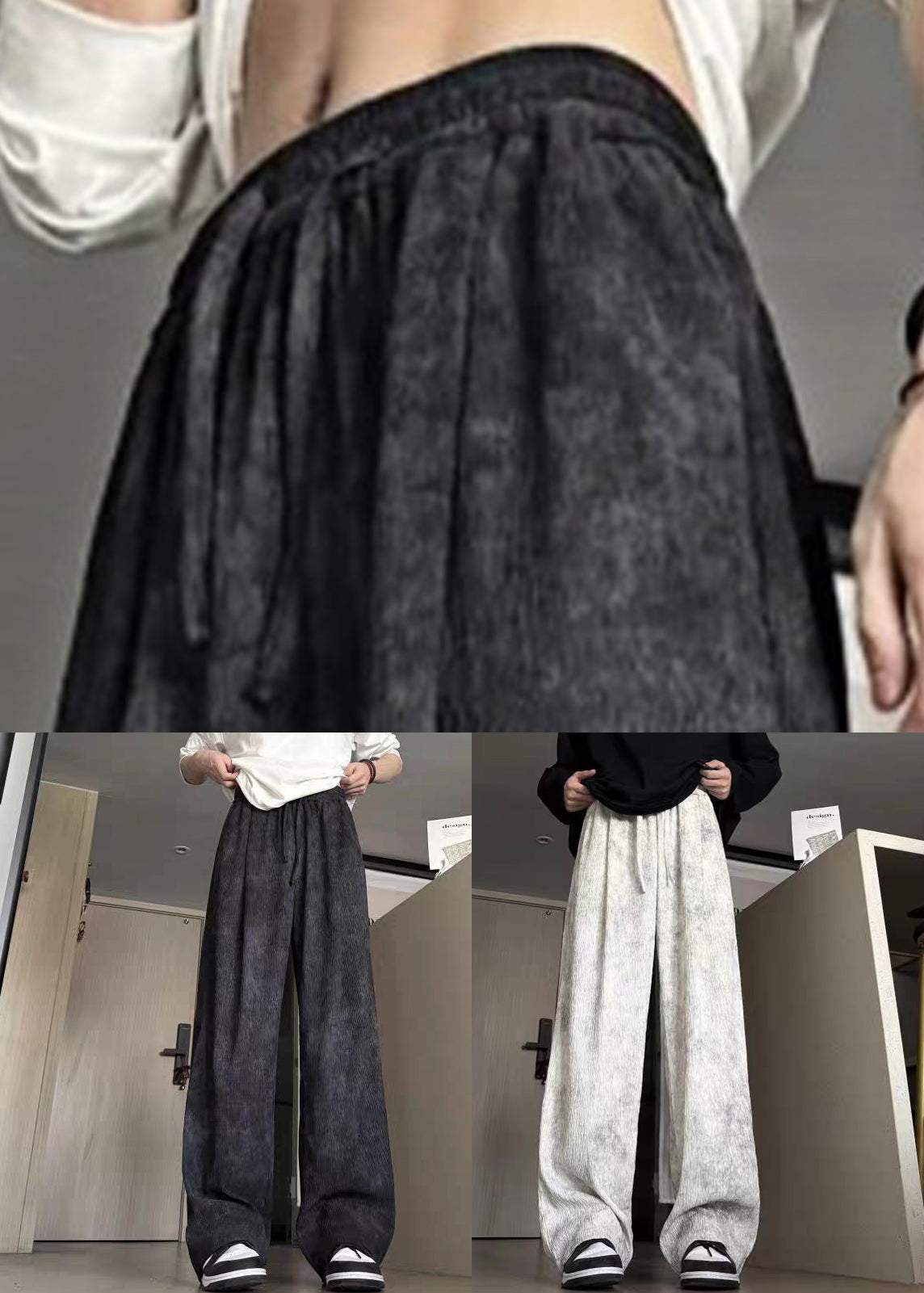 Elastic Men Dye Cotton Waist Black Summer Pants Tie New