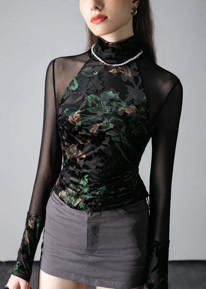 New Black Turtleneck Print Tulle Patchwork T Shirts Fall AL1042