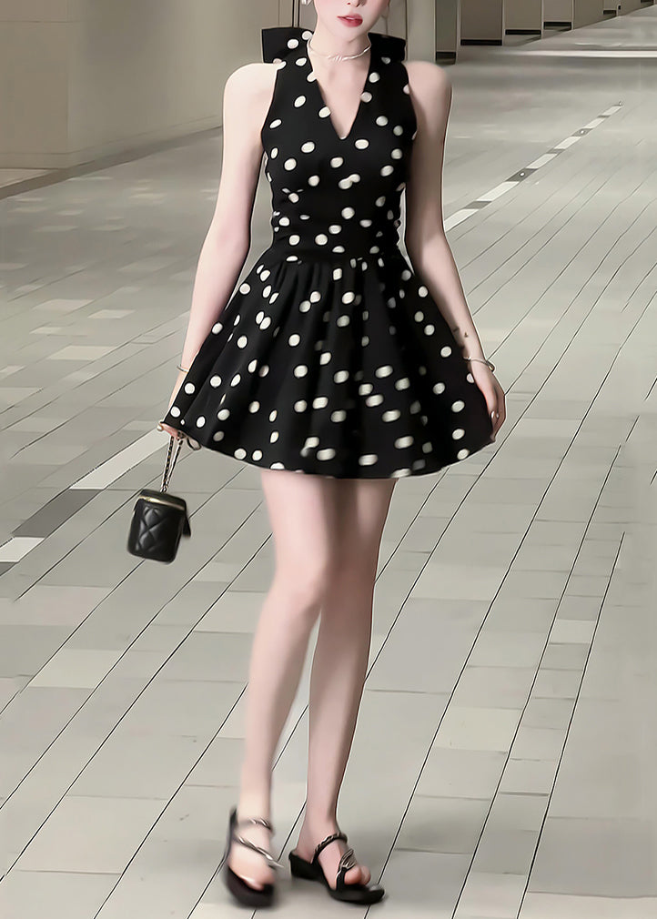 Neck Cotton Mid Dress Bow New Black Dot V Sleeveless