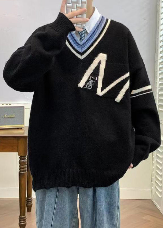 Black Knit Neck Spring Hole New Patchwork V Men Sweaters