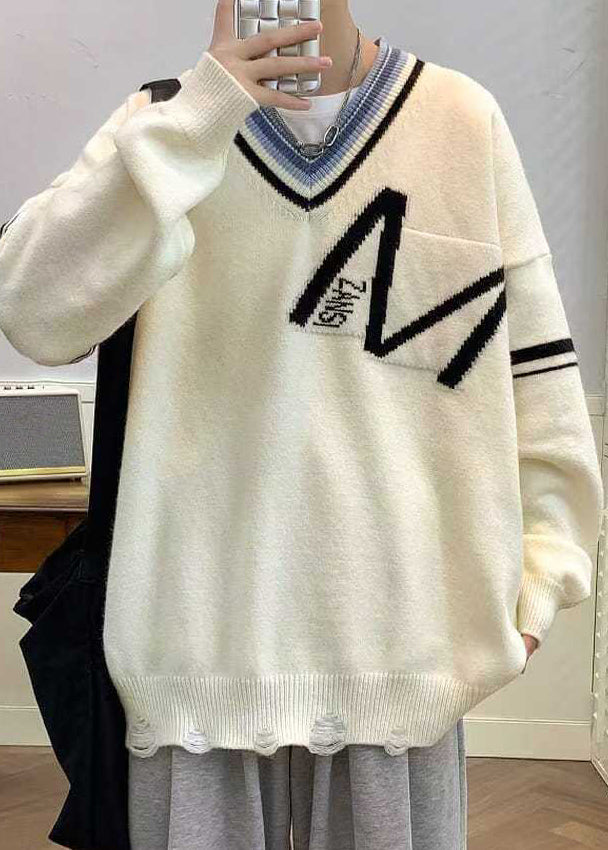 Black Knit Neck Spring Hole New Patchwork V Men Sweaters