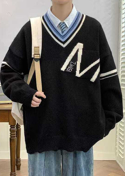 Black Knit Neck Spring Hole New Patchwork V Men Sweaters
