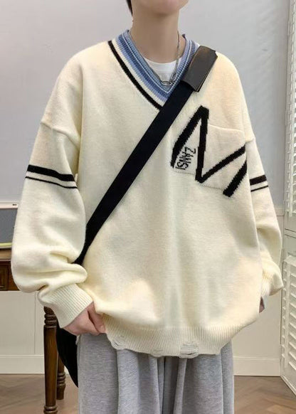 Black Knit Neck Spring Hole New Patchwork V Men Sweaters