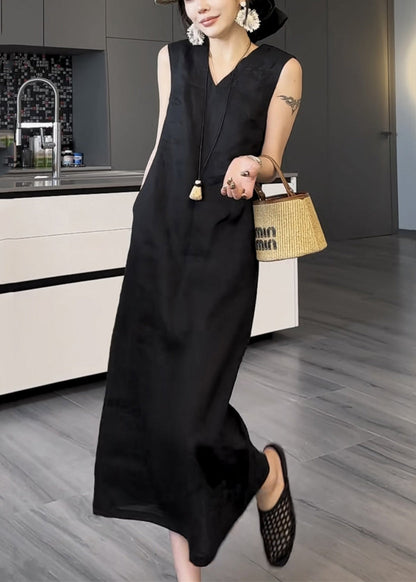 Long New Black Cotton Pockets Sleeveless Neck Dress V Solid