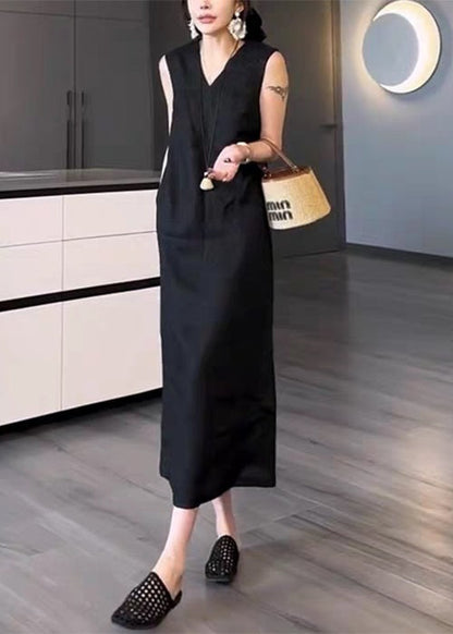 Long New Black Cotton Pockets Sleeveless Neck Dress V Solid