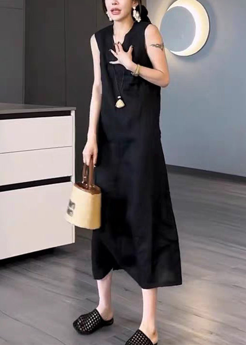 Long New Black Cotton Pockets Sleeveless Neck Dress V Solid