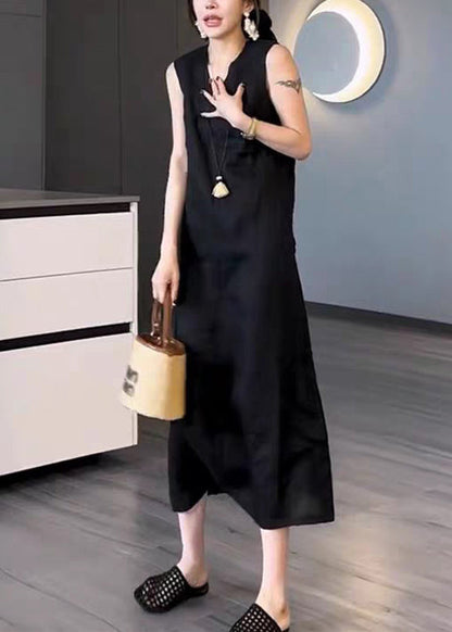 Long New Black Cotton Pockets Sleeveless Neck Dress V Solid