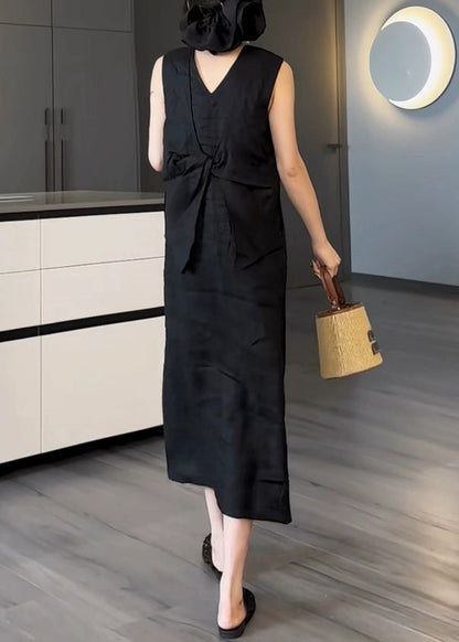 Long New Black Cotton Pockets Sleeveless Neck Dress V Solid