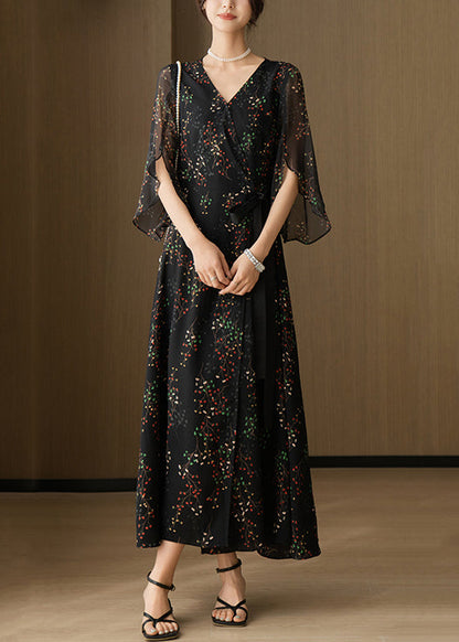 V Black New Chiffon Neck Sleeve Bracelet Dresses Print Long