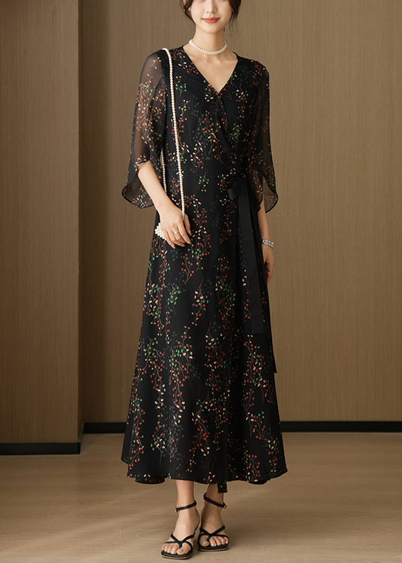 V Black New Chiffon Neck Sleeve Bracelet Dresses Print Long