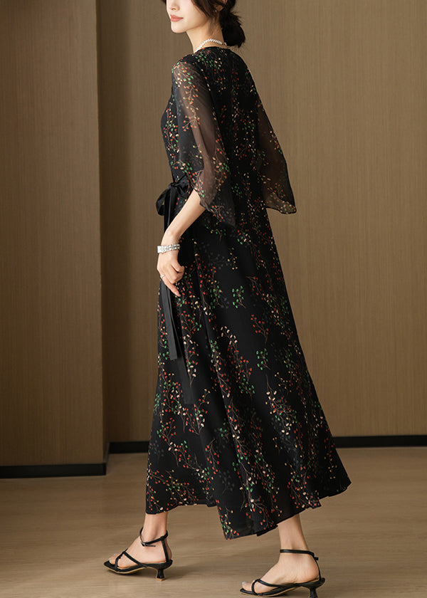 V Black New Chiffon Neck Sleeve Bracelet Dresses Print Long