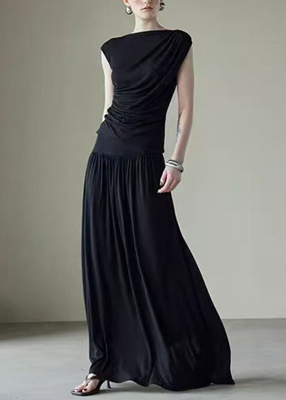 Solid Silk Black New Piece Two Sleeveless Set Cotton Wrinkled