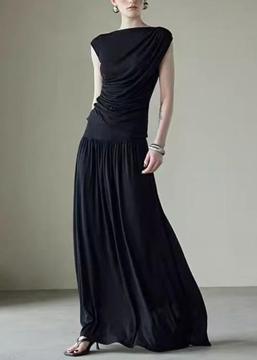Solid Silk Black New Piece Two Sleeveless Set Cotton Wrinkled