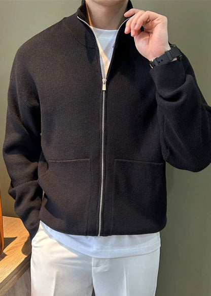 Mens Knit Coats Spring Pockets Up New Black Zip