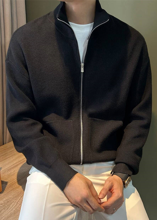 Mens Knit Coats Spring Pockets Up New Black Zip
