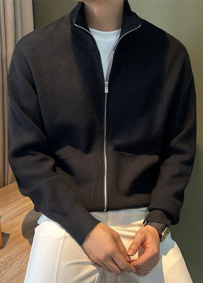 Mens Knit Coats Spring Pockets Up New Black Zip