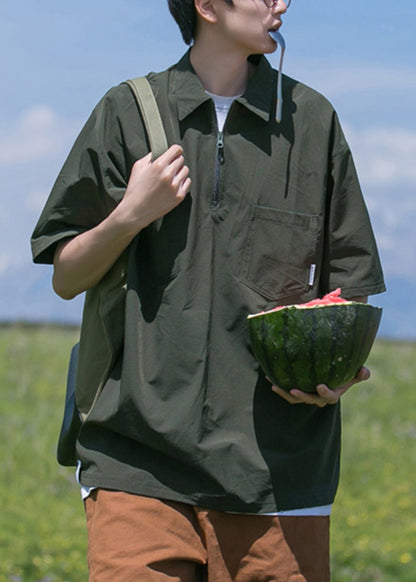 Pockets Black Zip Solid Shirt Men Polo Cotton New Summer Up