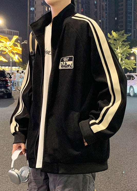 Black New Striped Spring Zip Cotton Men Up Coat
