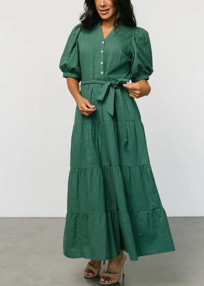 Nouvelle robe en coton uni vert noirâtre à taille nouée à manches courtes AU1003