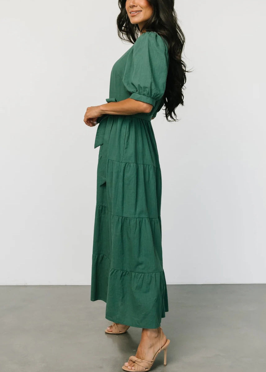 Nouvelle robe en coton uni vert noirâtre à taille nouée à manches courtes AU1003