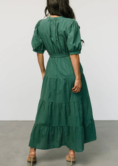 Nouvelle robe en coton uni vert noirâtre à taille nouée à manches courtes AU1003