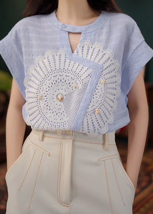 Blue Cotton Shirt Asymmetrical Out New Summer Hollow