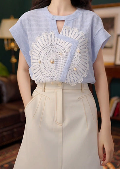 Blue Cotton Shirt Asymmetrical Out New Summer Hollow