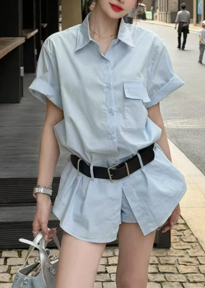 Two Piece New And Blue Summer Shorts Set Cotton Button Shirts
