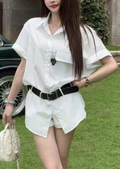 Two Piece New And Blue Summer Shorts Set Cotton Button Shirts