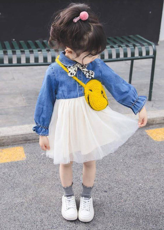 New Blue Button Tulle Patchwork Girls Dress Flare Sleeve XZ095