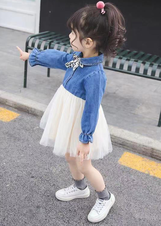 New Blue Button Tulle Patchwork Girls Dress Flare Sleeve XZ095