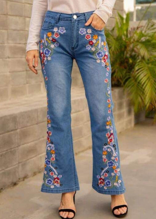 New Spring Waist Blue Denim Trousers Flared High Embroidered
