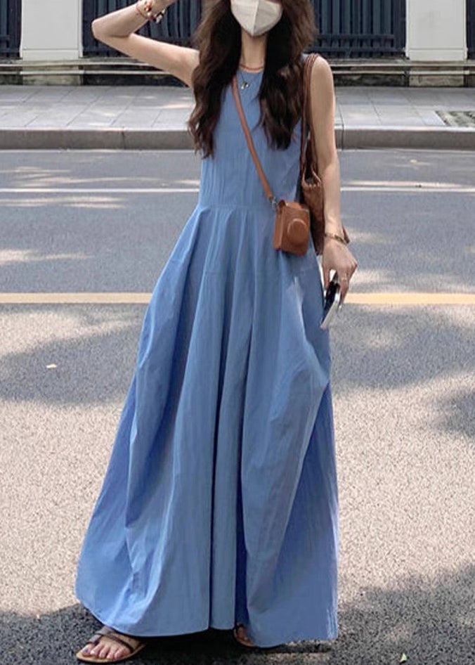 New Blue O Neck Pockets Solid Cotton Long Dress Sleeveless QF049