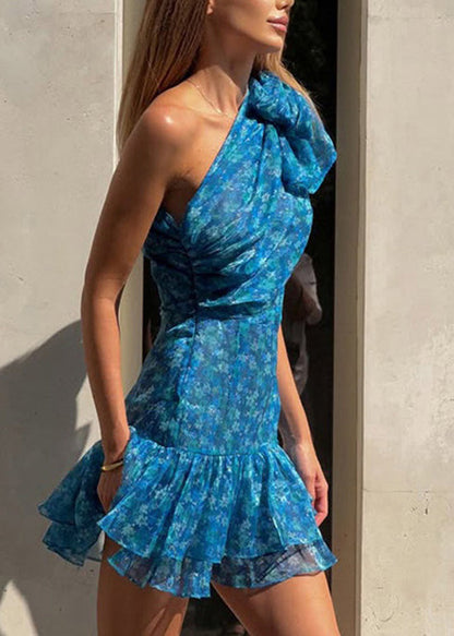 Dress Shoulder Ruffled New Blue Print Summer Chiffon One