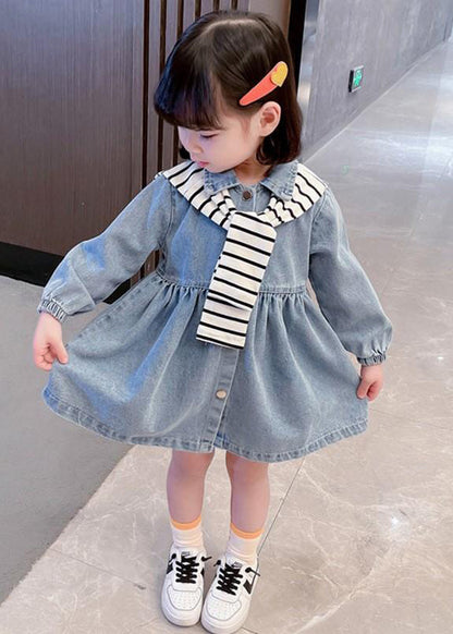 New Blue Peter Pan Collar Button Denim Girls Dresses Fall XZ009