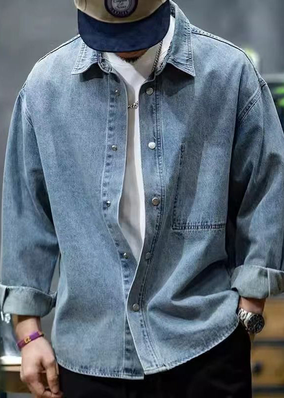 Collar Blue Denim Button Spring Shirt Men Peter Pan New