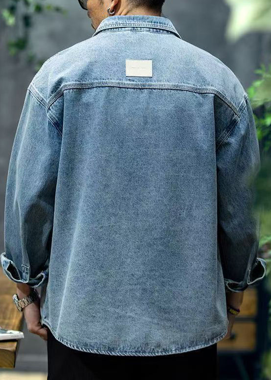 Collar Blue Denim Button Spring Shirt Men Peter Pan New