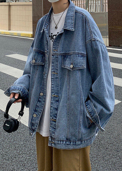 Button Denim New Collar Pan Peter Coat Spring Blue Men Pockets