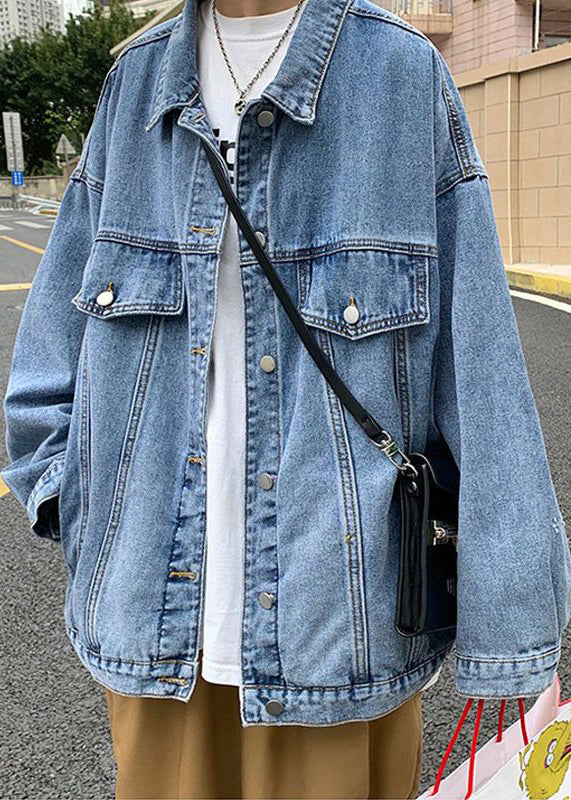 Button Denim New Collar Pan Peter Coat Spring Blue Men Pockets