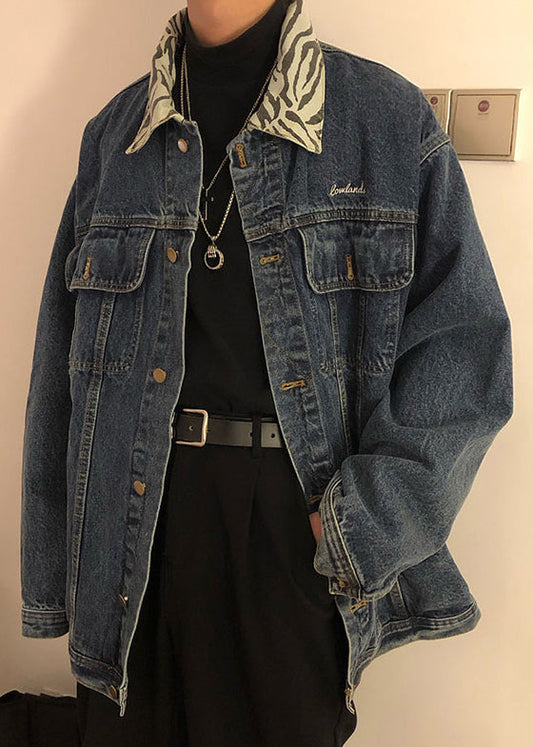 Spring Denim Blue Pan Coat Peter Pockets Mens Collar TC047 New