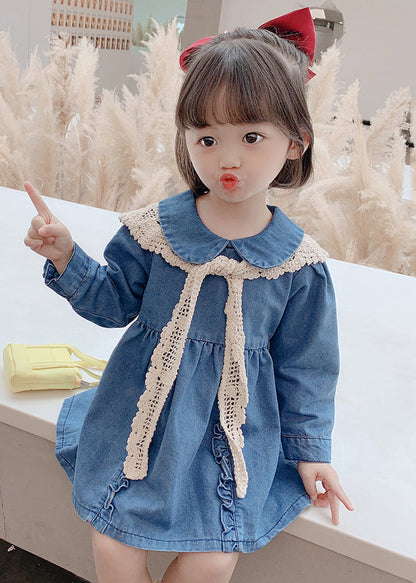 New Blue Peter Pan Collar Ruffled Denim Girls Mid Dresses Long Sleeve XZ073