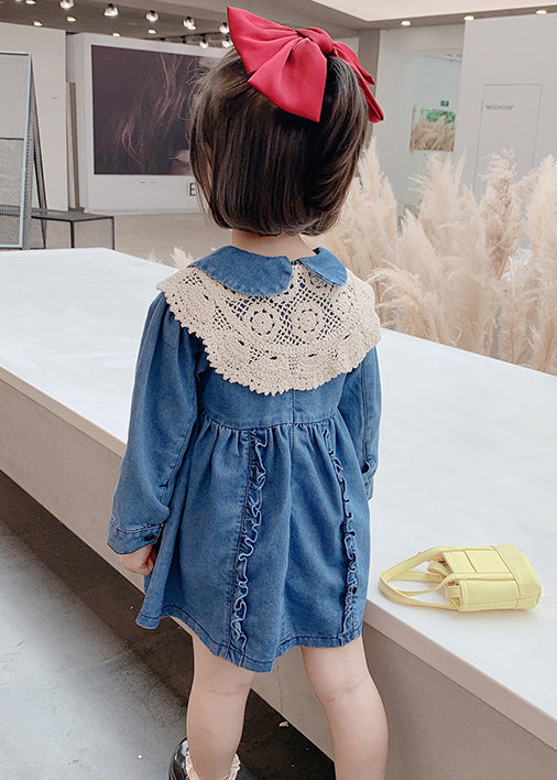 New Blue Peter Pan Collar Ruffled Denim Girls Mid Dresses Long Sleeve XZ073