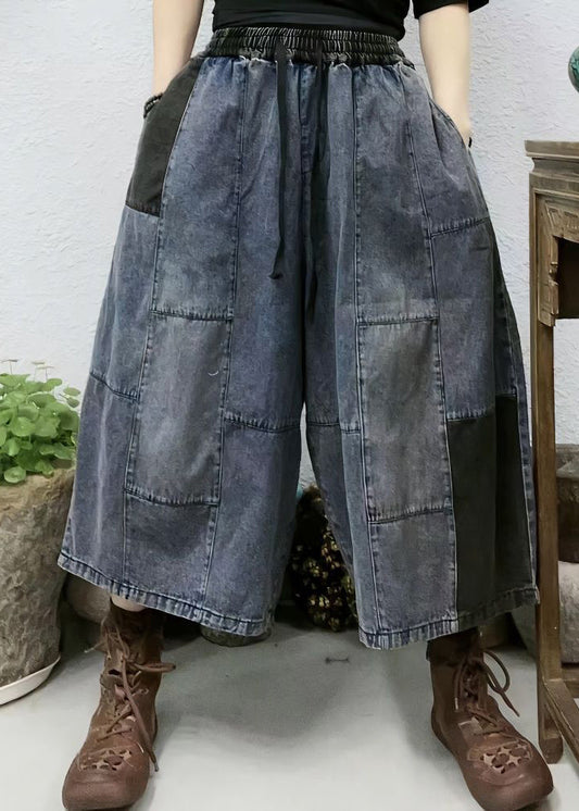 Pantalon court en denim patchwork à taille élastique avec poches bleues pour l'été VV095