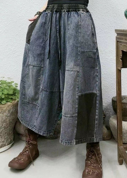 Pantalon court en denim patchwork à taille élastique avec poches bleues pour l'été VV095