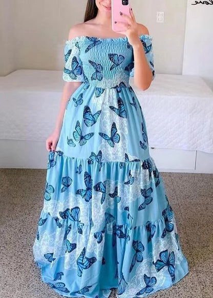 Nouvelle robe longue en coton imprimé à volants bleu été WW1061