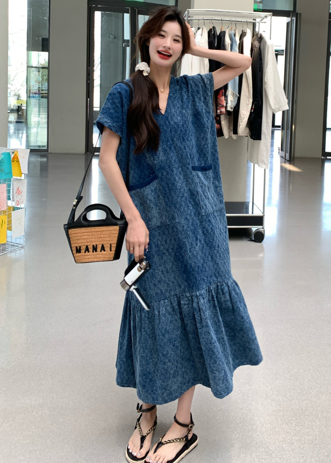 New Blue V Neck Pockets Denim Long Dress Summer MN037