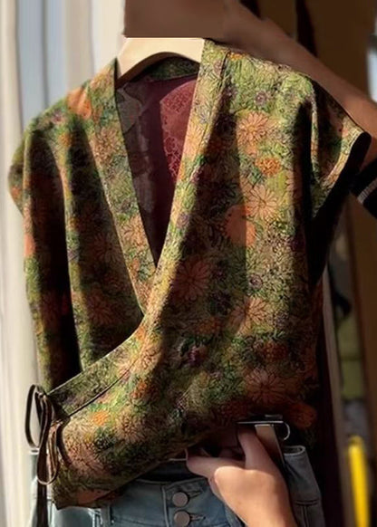 V Shirt Blue Lace Up Summer Silk Neck Print New