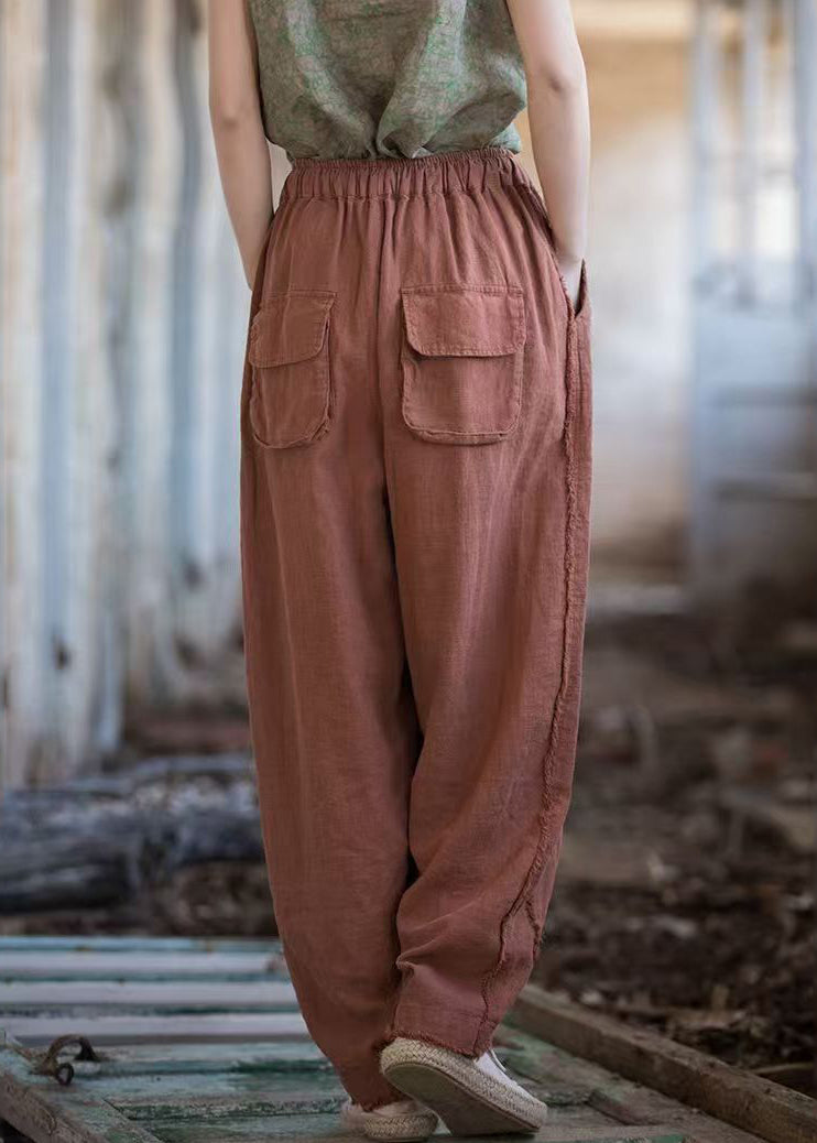 New Brick Red Pockets Drawstring Linen Pants Summer QE028