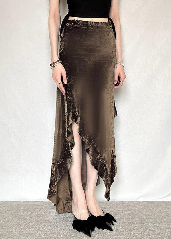 New Elastic Silk Summer Waist Velvet Skirt Brown Asymmetrical